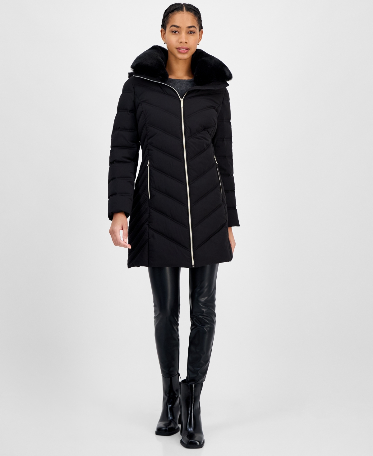 Michael Kors Michael  Women's Faux-fur-trim Hooded Puffer Coat In Black