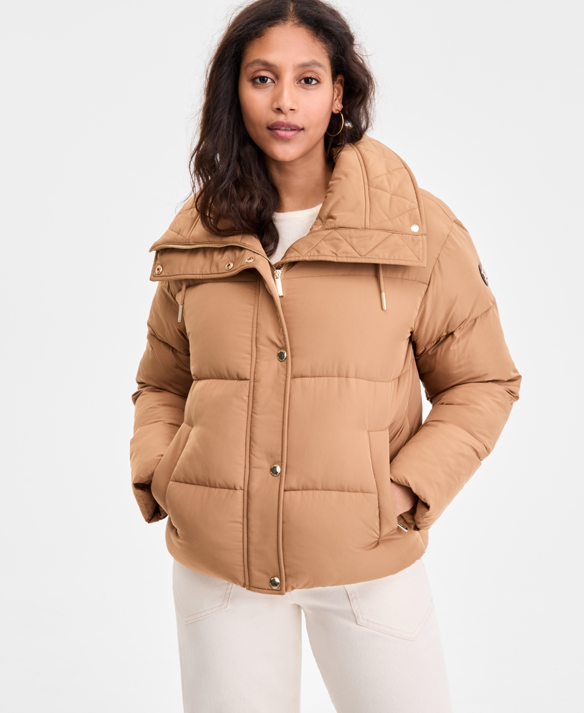 Michael Kors Michael  Women's Drawstring-collar Puffer Coat In Brown