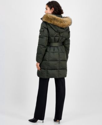 Women's Belted Hooded Faux-Fur-Trim Puffer Coat, Exclusively at Macy's