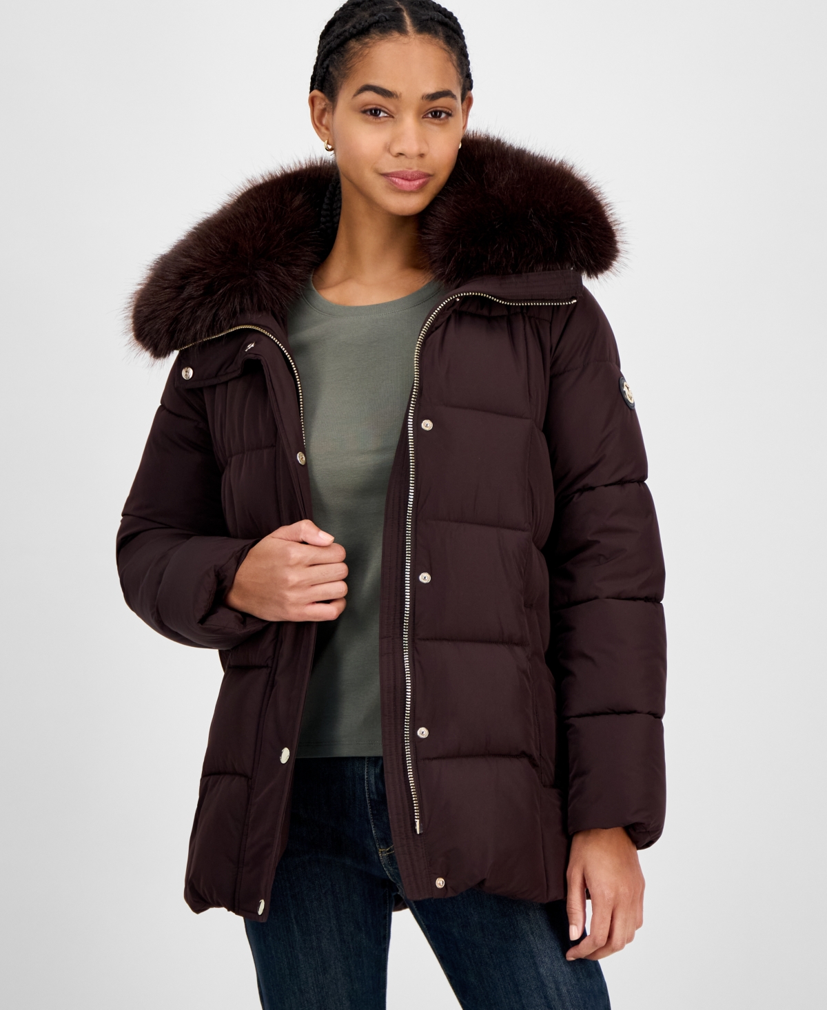 Michael Kors Michael  Women's Belted Hooded Faux-fur-collar Puffer Coat, Exclusively At Macy's In Burgundy