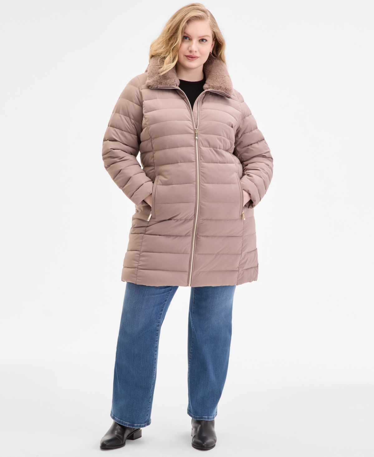 Michael Kors Michael  Plus Size Faux-fur-trim Hooded Puffer Coat In Pink