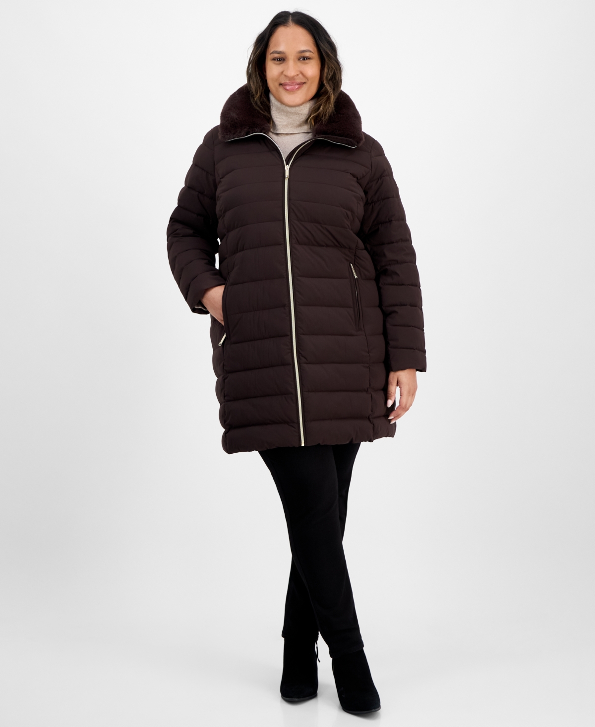 Michael Kors Michael  Plus Size Faux-fur-trim Hooded Puffer Coat In Black
