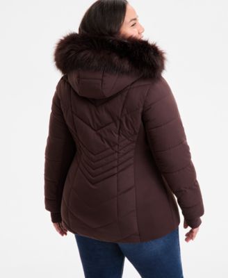 Plus Size Faux-Fur-Trim Hooded Puffer Coat, Exclusively at Macy's