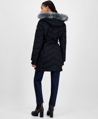 Women's Faux-Fur-Trim Hooded Belted Puffer Coat