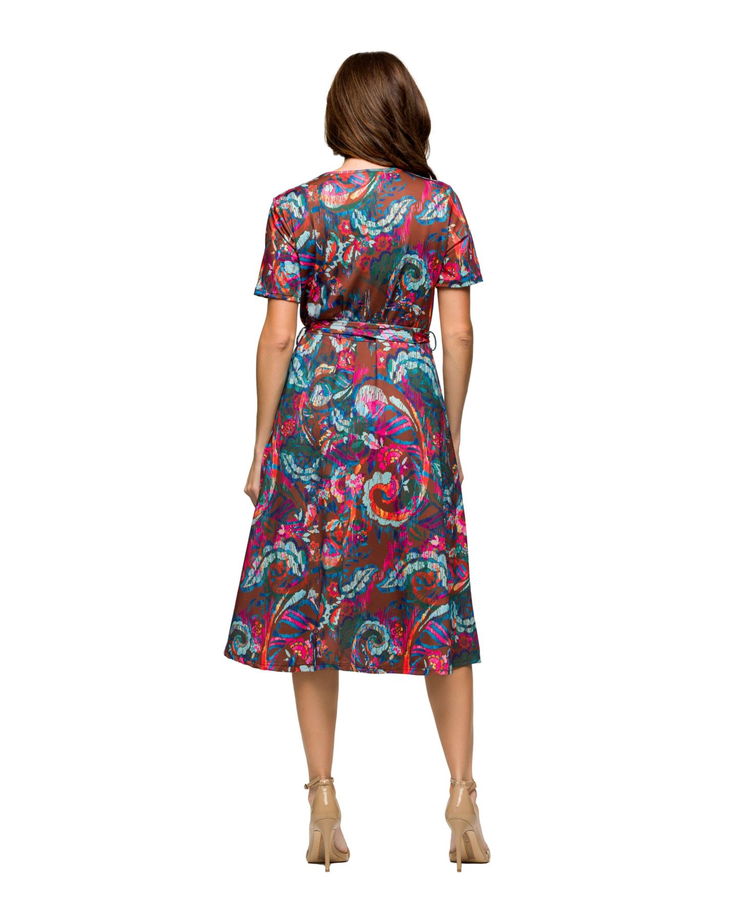 Женское платье 24seven Comfort Apparel Short Sleeve Tie Waist Midi, цвет: Розовый разноцветный — фото 2