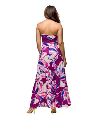 Women's Purple Floral A Line Strapless Maxi Dress with Pockets