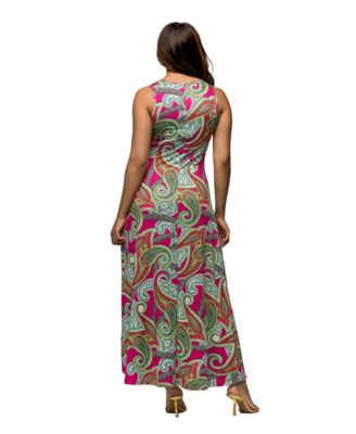 Women's Hot Pink Paisley Print Scoop Neck A Line Sleeveless Maxi Dress