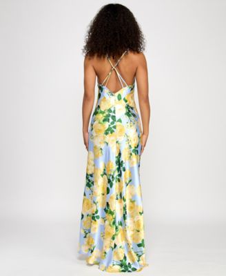 Juniors' Floral-Print X-Back Gown
