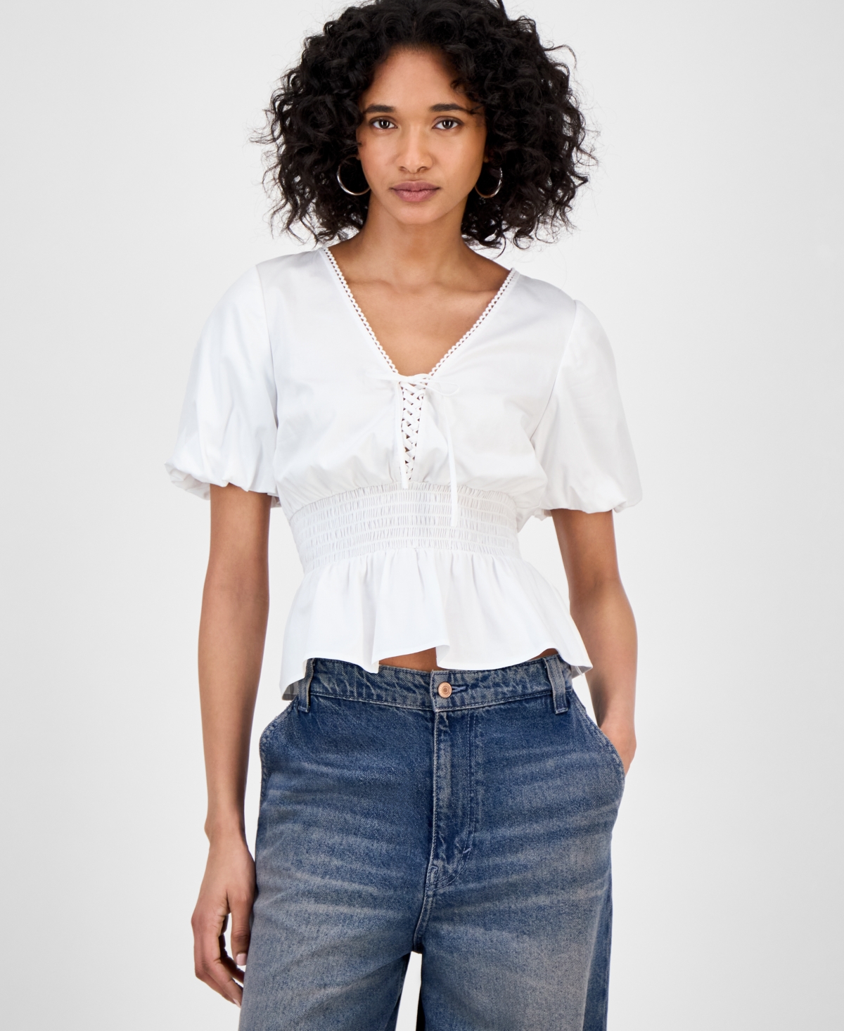 Women's Puff-Sleeve Peplum Top - Pure White