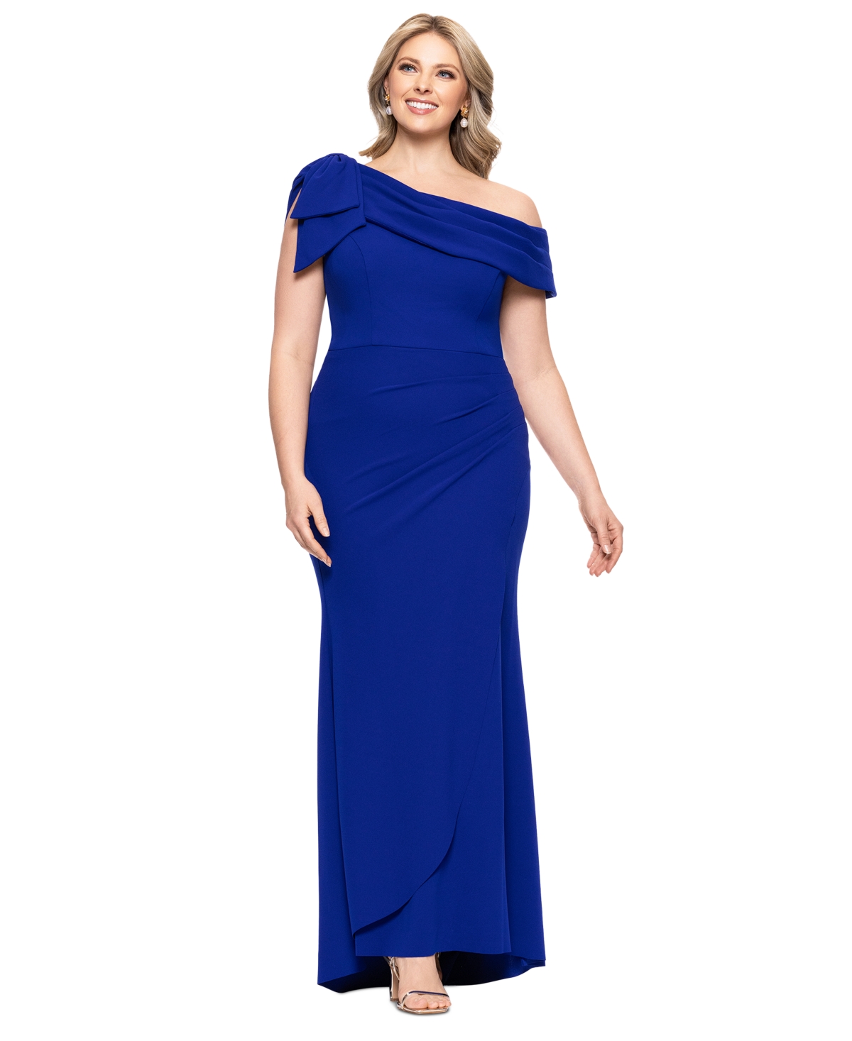 Plus Size One-Shoulder Bow-Detail Evening Gown - Marine