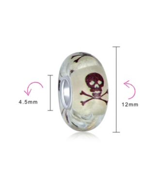 Set of 3 Glow In The Dark Translucent Skull Crossbones Spacer Charm Bead Murano Glass .925 Sterling Silver Core
