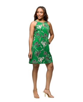Women's Knee Length Green Floral Print Sleeveless Keyhole Dress