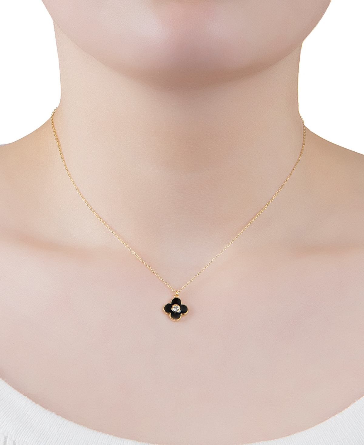 Macy's Cubic Zirconia Black & White Clover Pendant Necklace In 14k Gold-plated Sterling Silver, 16" + 2" Ex In Gold