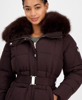 Women's Belted Hooded Faux-Fur-Collar Puffer Coat, Exclusively at Macy's