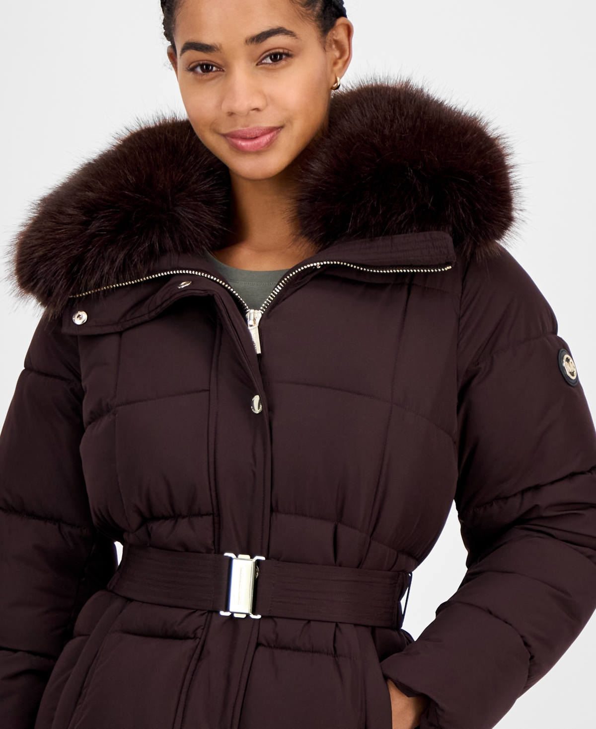 Michael Kors Michael  Women's Belted Hooded Faux-fur-collar Puffer Coat, Exclusively At Macy's In Burgundy