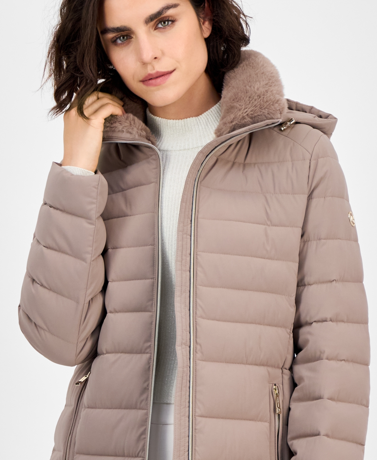 Michael Kors Michael  Women's Faux-fur-collar Hooded Packable Puffer Coat In Neutral