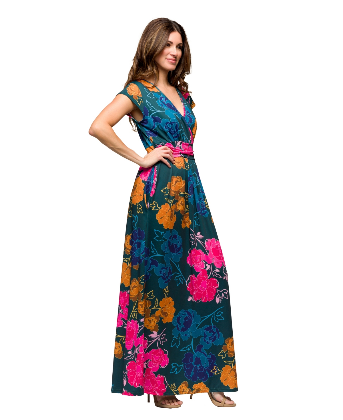 24seven Comfort Apparel Maternity Floral Print Cap Sleeve V-neck Side Slit Pocket Maxi Dress In Multi