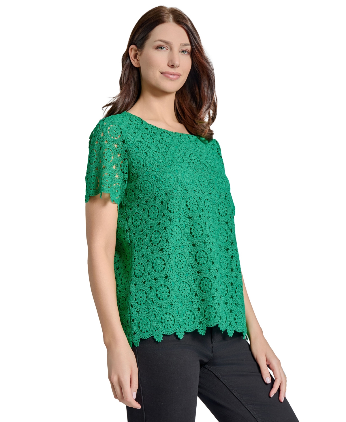 Women's Crewneck Short-Sleeve Lace Top - Kelly