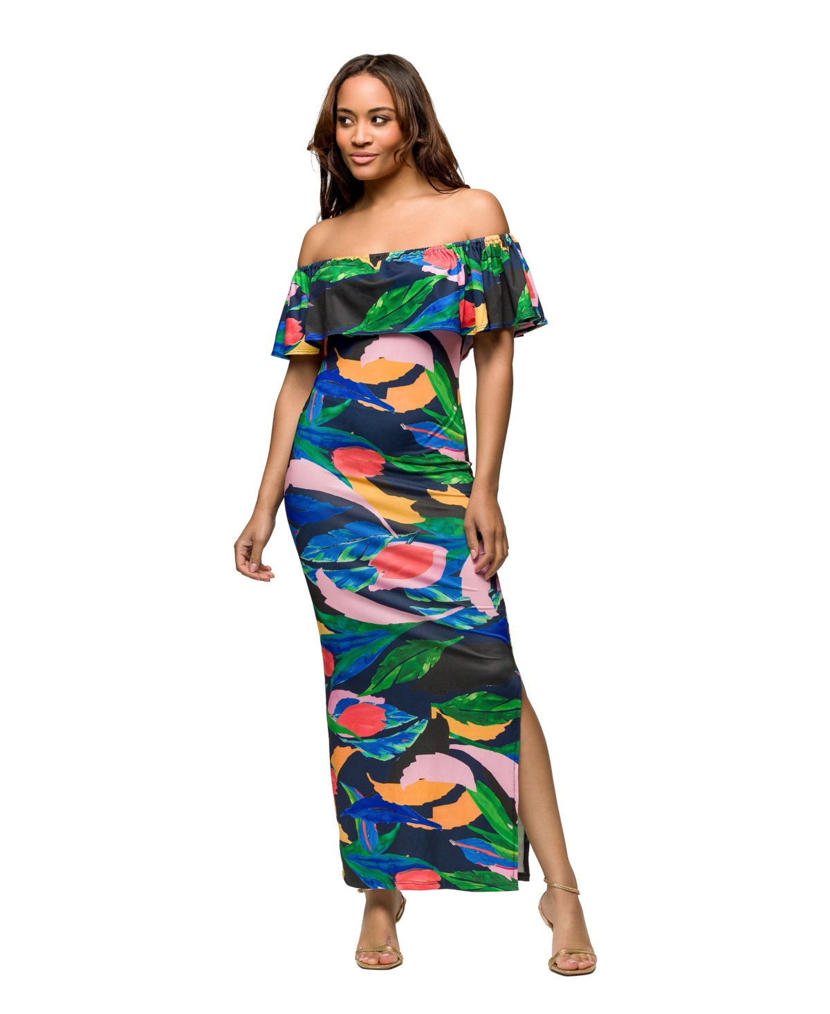 Women's Off Shoulder Multicolor Print Side Slit Maxi Dress - Green Mult