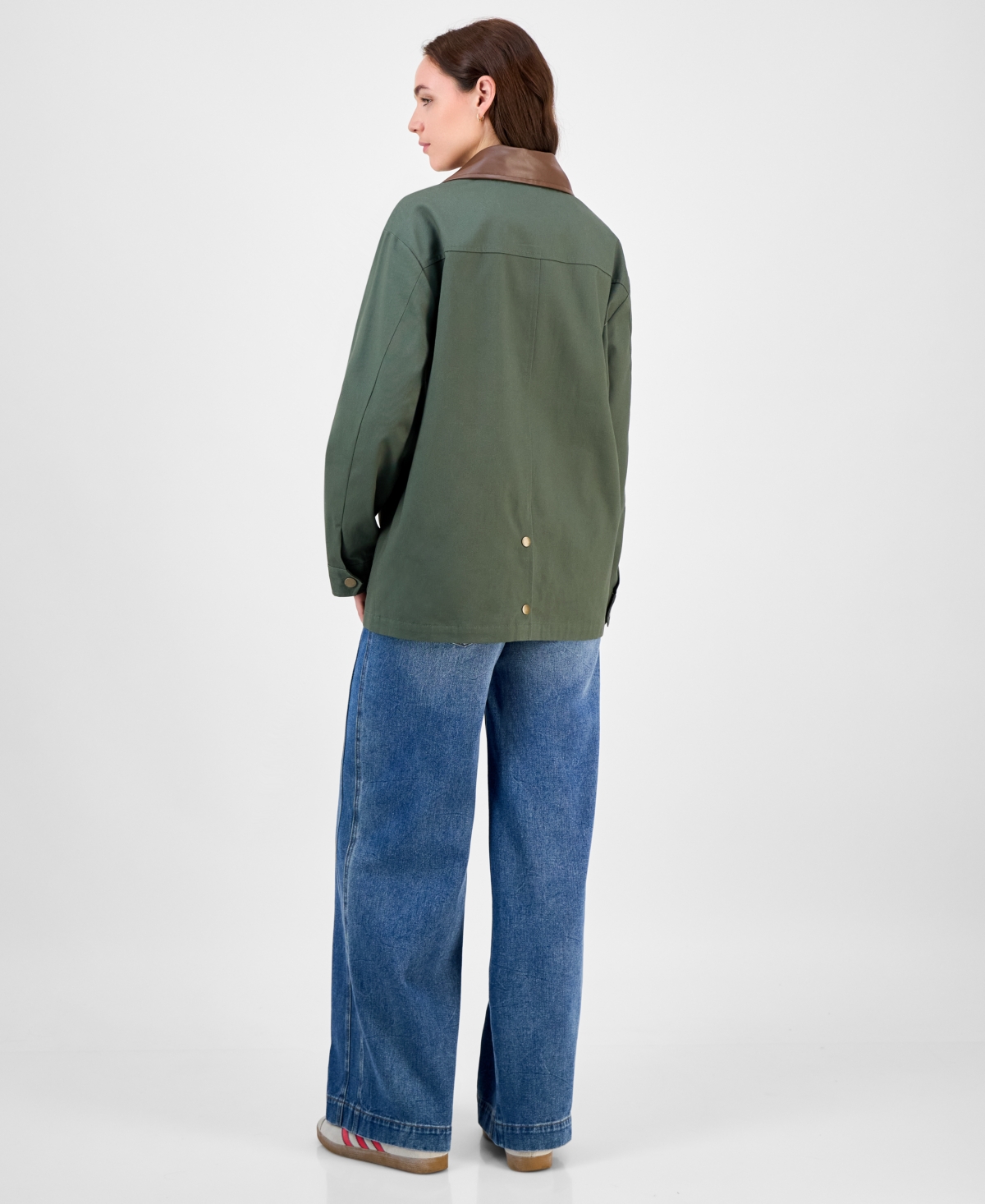 Maralyn & Me Juniors' Contrast-collar Snap-front Barn Jacket, Exclusively At Macy's In Green