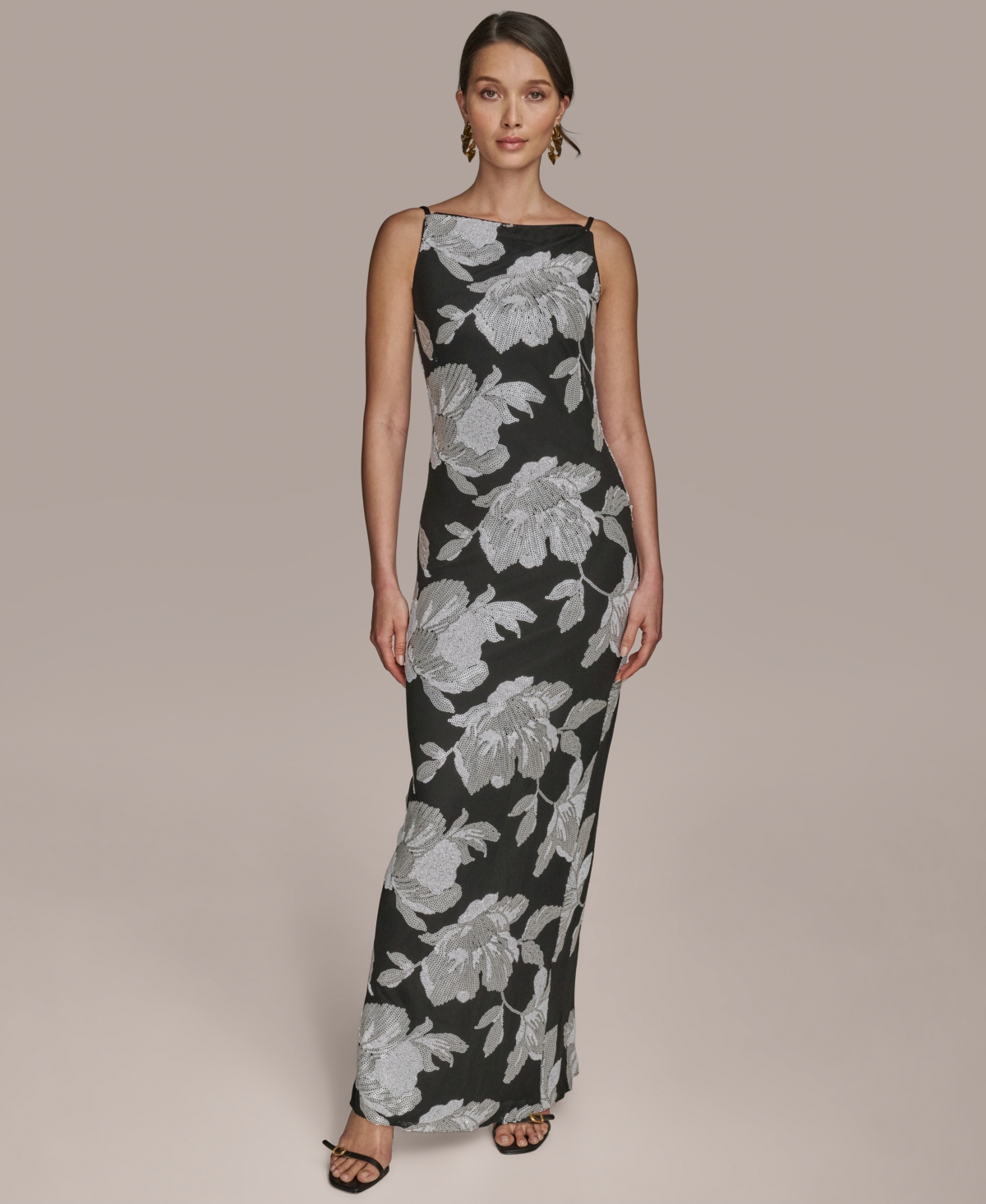 Donna Karan New York Sequin Floral Sheath Gown In Black