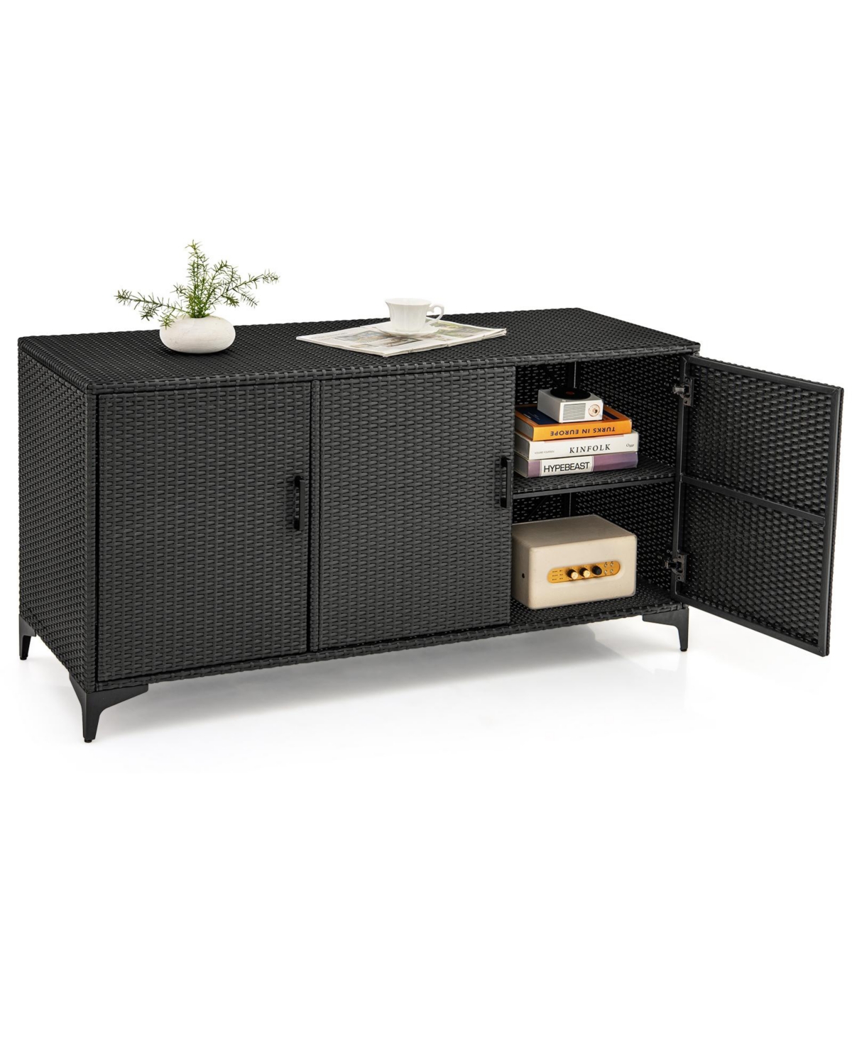 Patio Wicker Deck Box with 3 Doors and Removable Shelves – Pe Rattan Storage Container for Outdoor Use