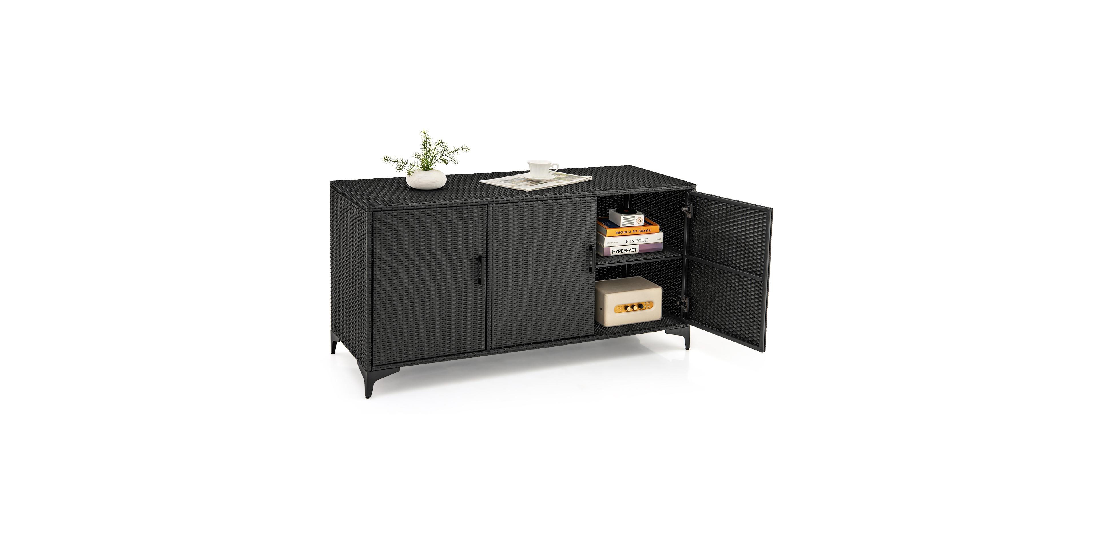 Patio Wicker Deck Box with 3 Doors and Removable Shelves – Pe Rattan Storage Container for Outdoor Use