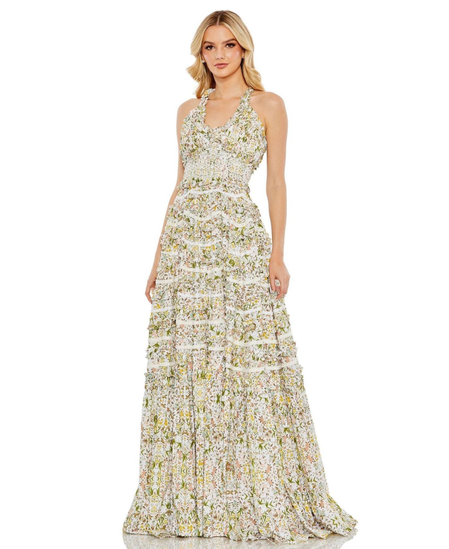 Женское платье Mac Duggal Cross Back Floral Ruffle Tiered Smock, цвет: Слоновая кость разноцветный — фото 1