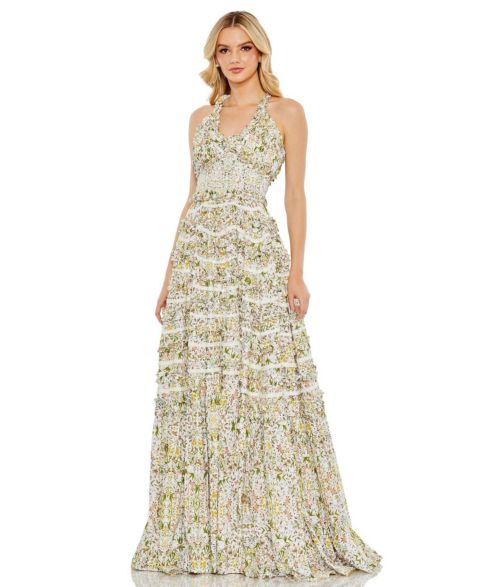 Женское платье Mac Duggal Cross Back Floral Ruffle Tiered Smock, цвет: Слоновая кость разноцветный