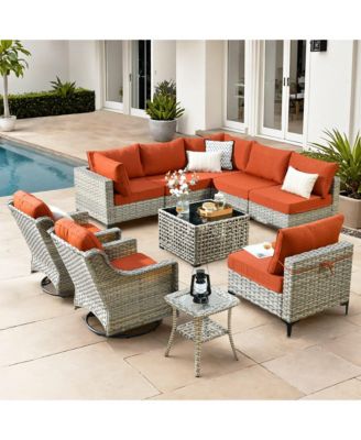 10 Piece Outdoor Rattan Patio Set with Swivel Rocker Chairs, Modular Sectional & Solar Coffee Table