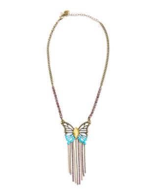 Faux Stone Boho Butterfly Fringe Pendant Necklace