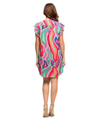 Women's Multicolor Print V Neck Cap Sleeve Knee Length Pocket Dress