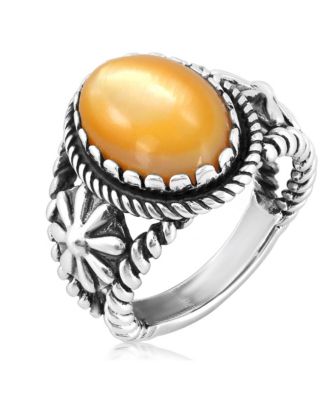 Sterling Silver Yellow Mother of Pearl Concha Flower Ring, Size 11