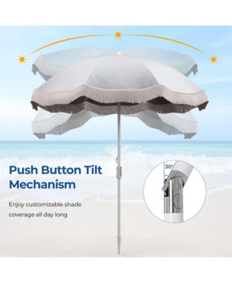 6.5 FT Beach Umbrella w/ Fringe Tassel Umbrella w/ Push Button Tilt Sand Anchor