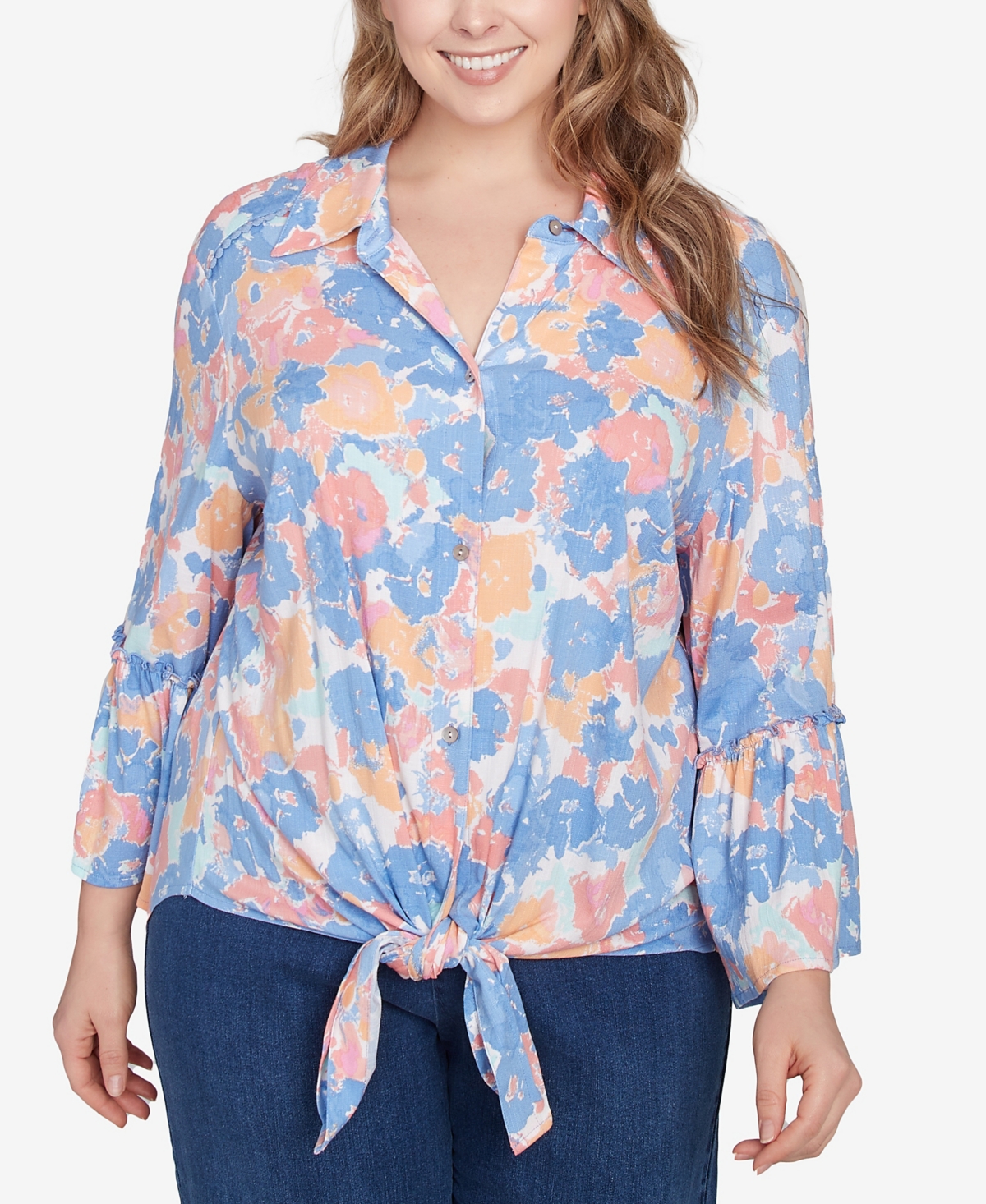 Plus Size Floral Button Tie Front Top - Periwinkle Multi