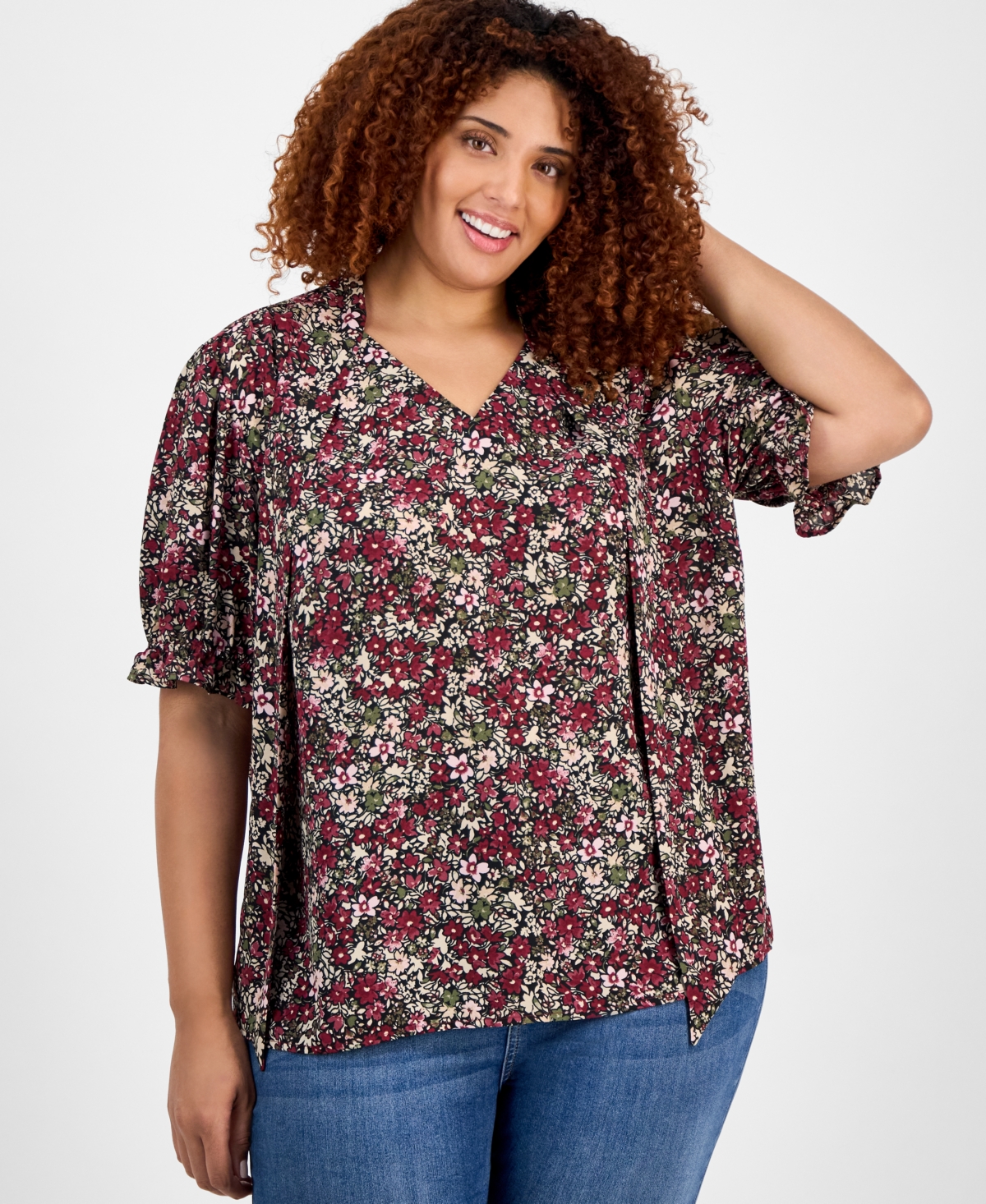 Plus Size Printed Tie-Neck Short-Puff-Sleeve Blouse - Bordeaux Multi
