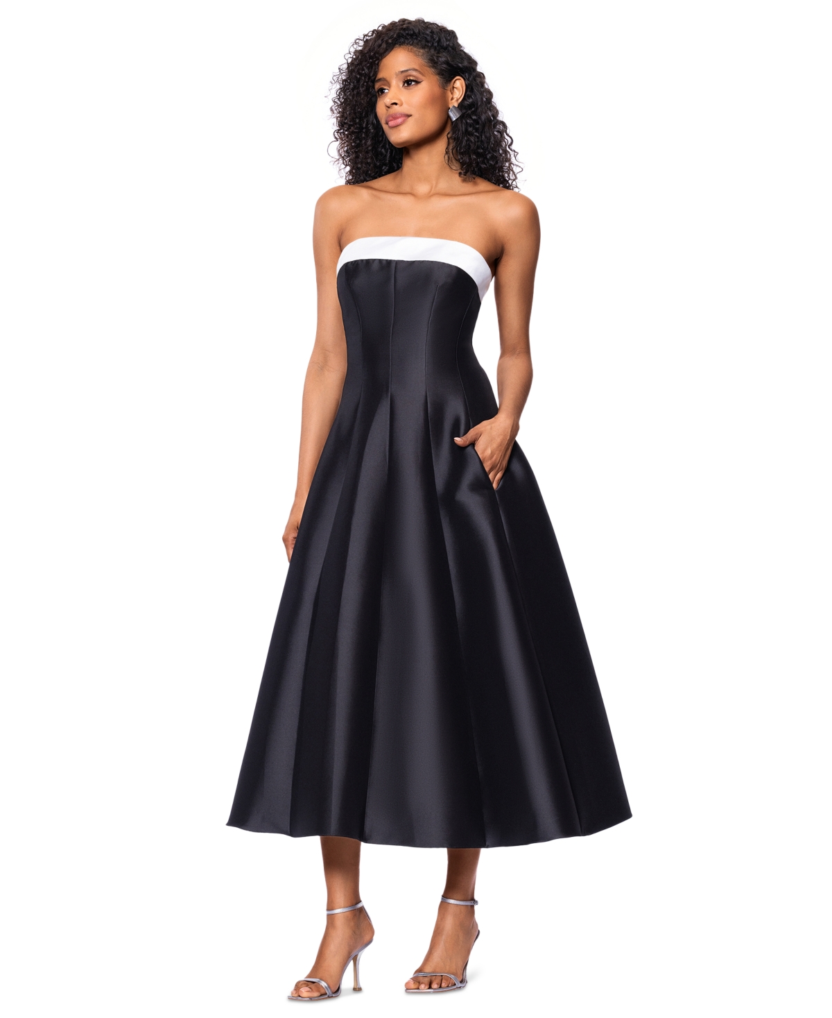 BETSY & ADAM PETITE STRAPLESS MIDI BALLGOWN 