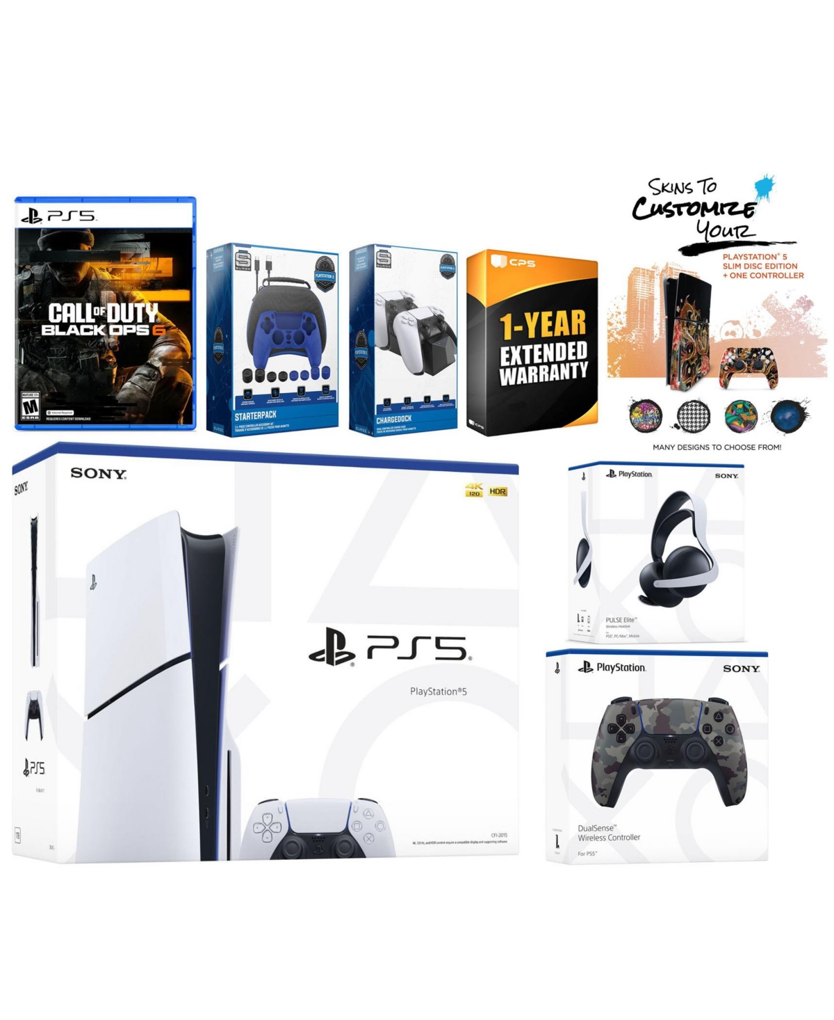 Sony Playstation 5 Slim Disc PS5 + Call of Duty: Black Ops 6, Galactic Purple Controller, Pulse Elite Headset, Gamer Starter Pack, Charge Dock and Mig