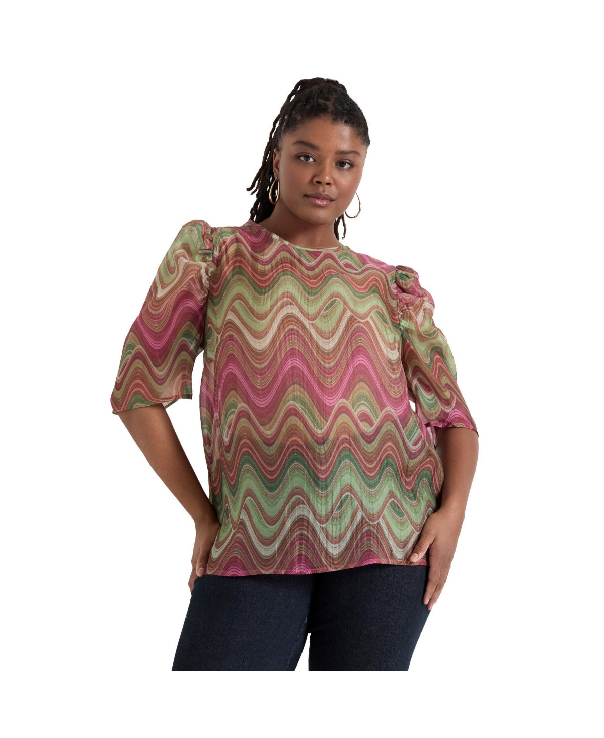 Plus Size June + Vie Mutton-Sleeve Organza Blouse - Heat waves