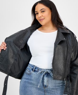 Trendy Plus Size Faux-Leather Belted Jacket