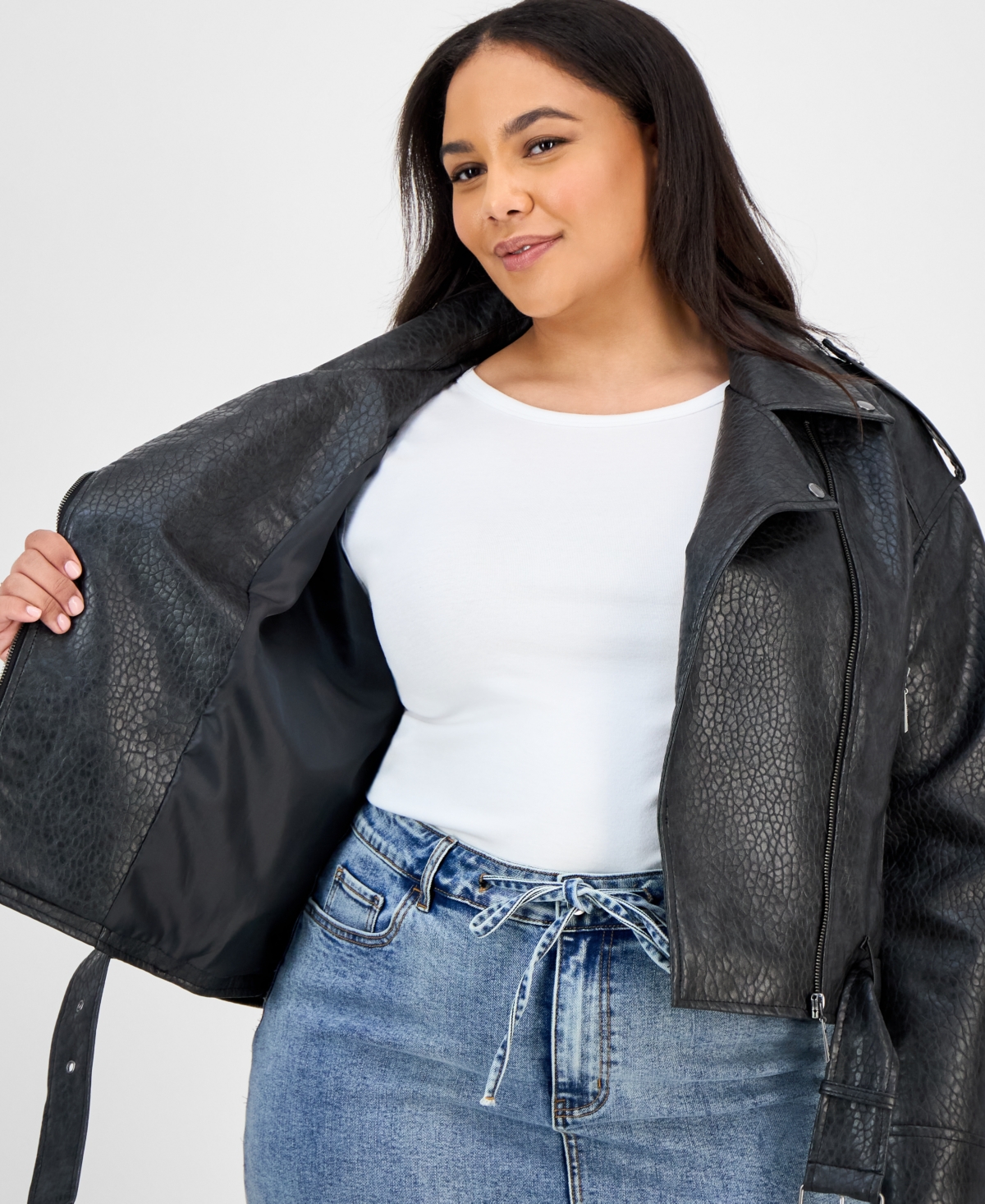 Jou Jou Trendy Plus Size Faux-leather Belted Jacket In Gray