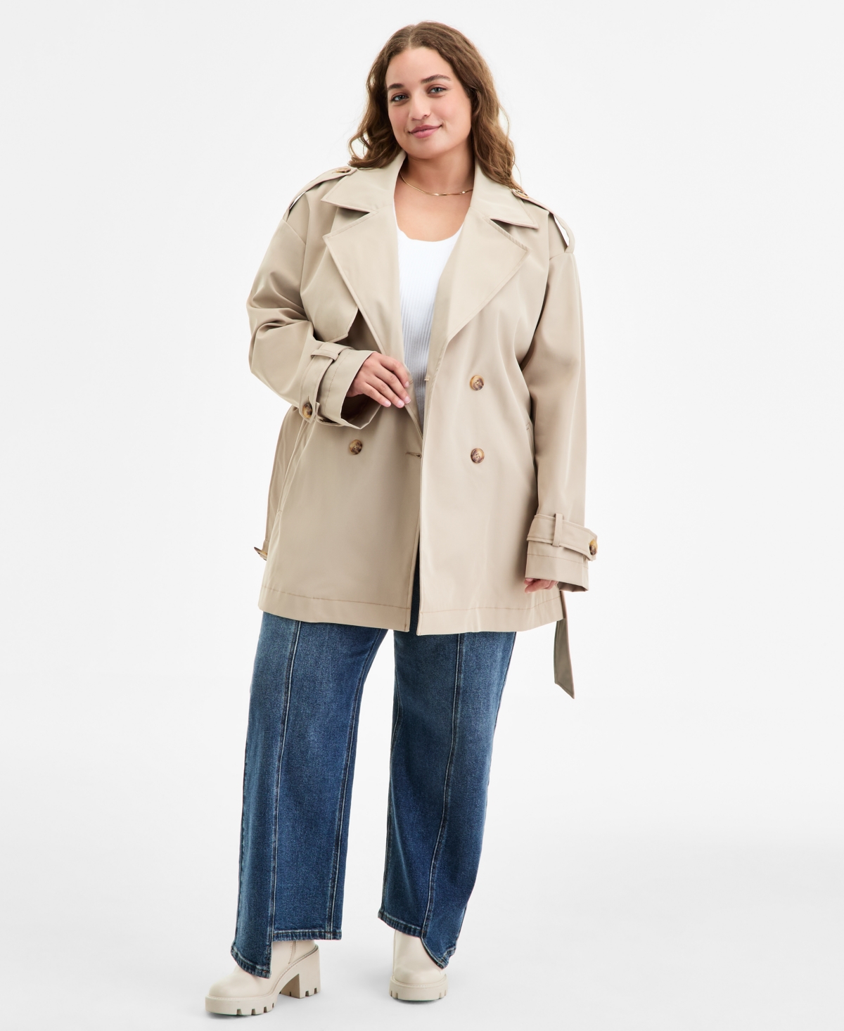 Jou Jou Trendy Plus Size Double-breasted Belted Trench Coat In Neutral