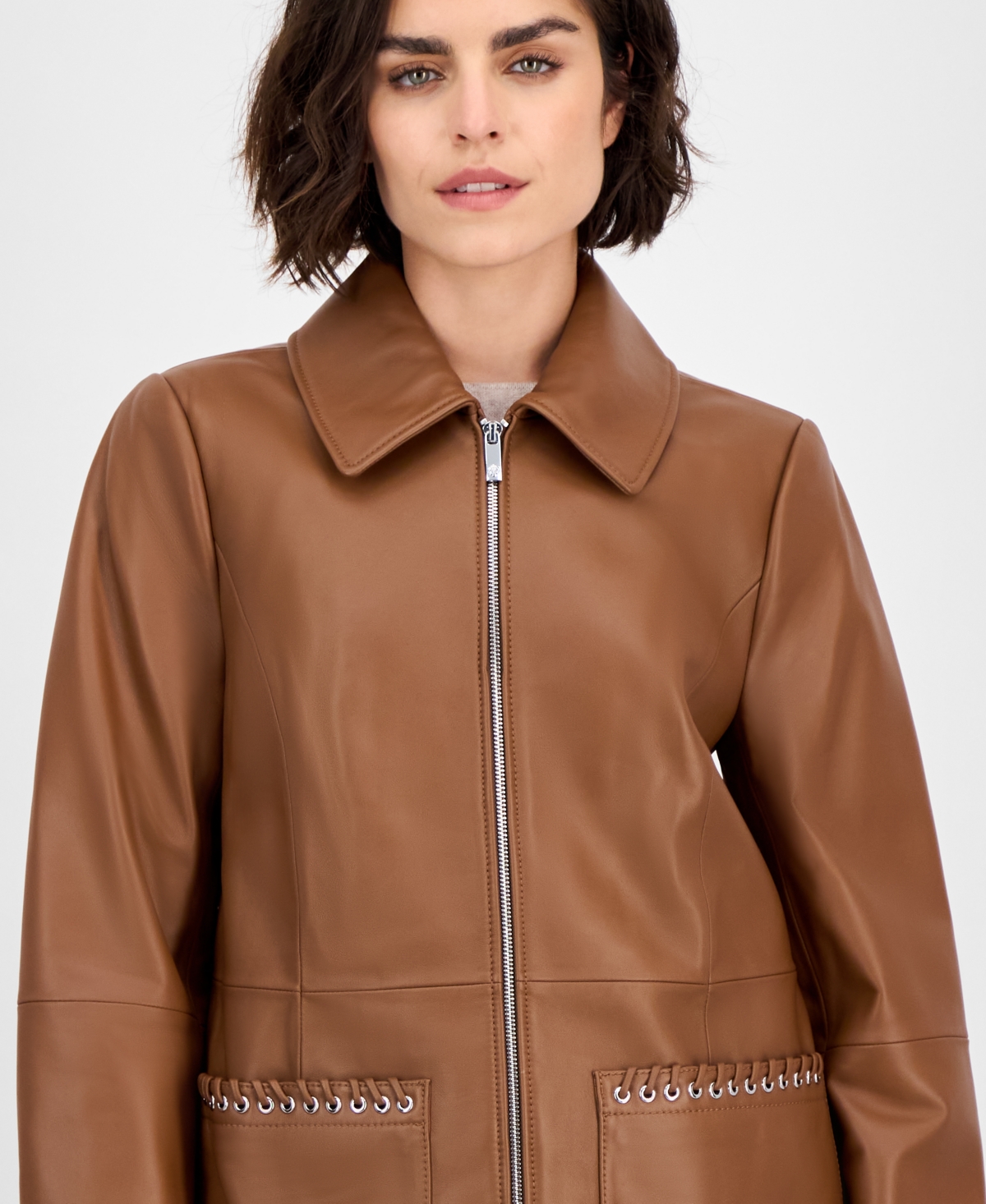 Anne Klein Women's Zip-front Leather Jacket In Brown