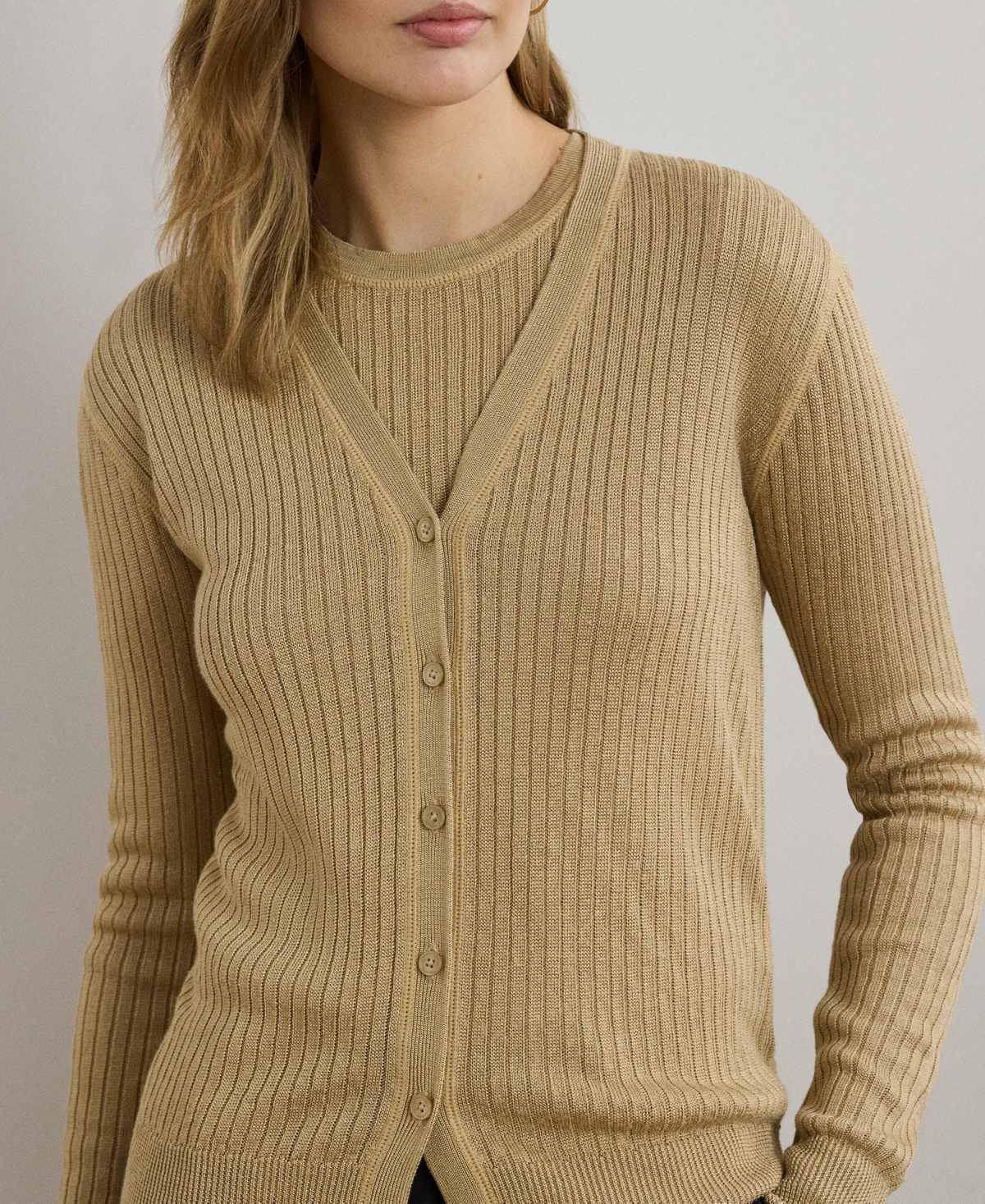Ralph Lauren Women's Rib-knit Linen-blend V-neck Cardigan In Brown