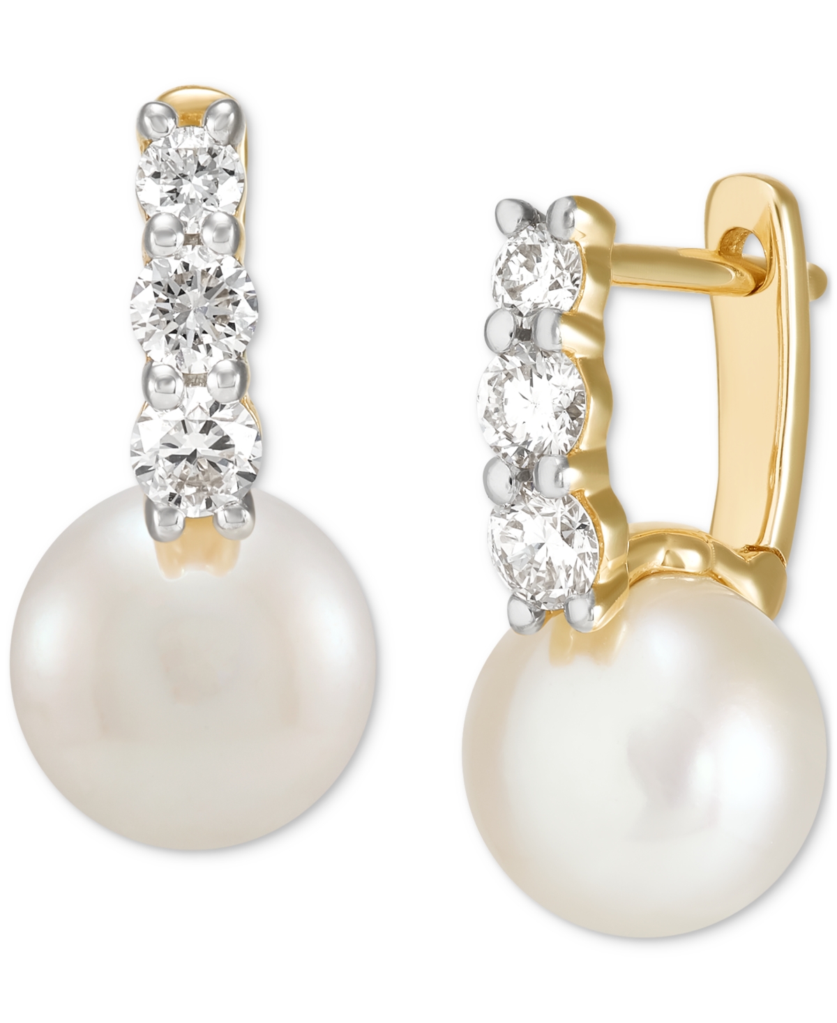 Cultured Freshwater Pearl (7-1/2mm) & Lab Grown Diamond (3/8 ct. t.w.) Small Hoop Earrings in 14k Gold - Gold
