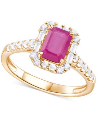 Emerald (1 ct. t.w.) & Diamond (3/8 ct. t.w.) Round & Baguette Halo Ring in 14k Gold (Also in Ruby & Sapphire)