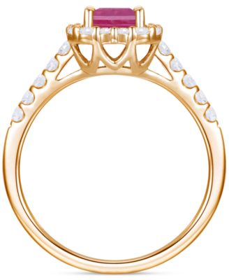 Emerald (1 ct. t.w.) & Diamond (3/8 ct. t.w.) Round & Baguette Halo Ring in 14k Gold (Also in Ruby & Sapphire)