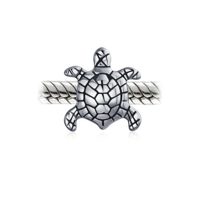 Set of 2 Oval Round Nautical Sea Turtle Charm Bead in Oxidized Sterling Silver