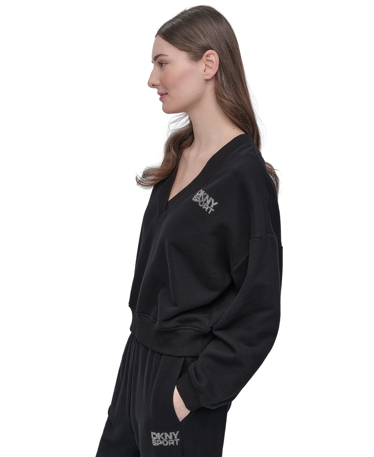 Dkny Sport Women's Rhinestone-logo V-neck Pullover Top In Black