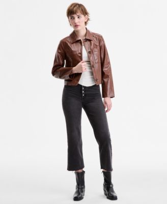 Juniors' Croc-Embossed Faux-Leather Barn Jacket